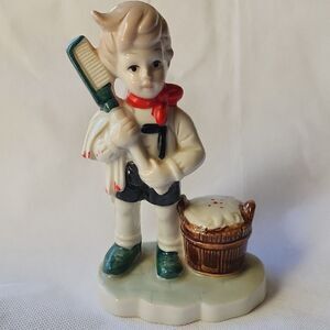 Vintage German Boy Porcelain Figurine Towel Brush Bucket Red Scarf